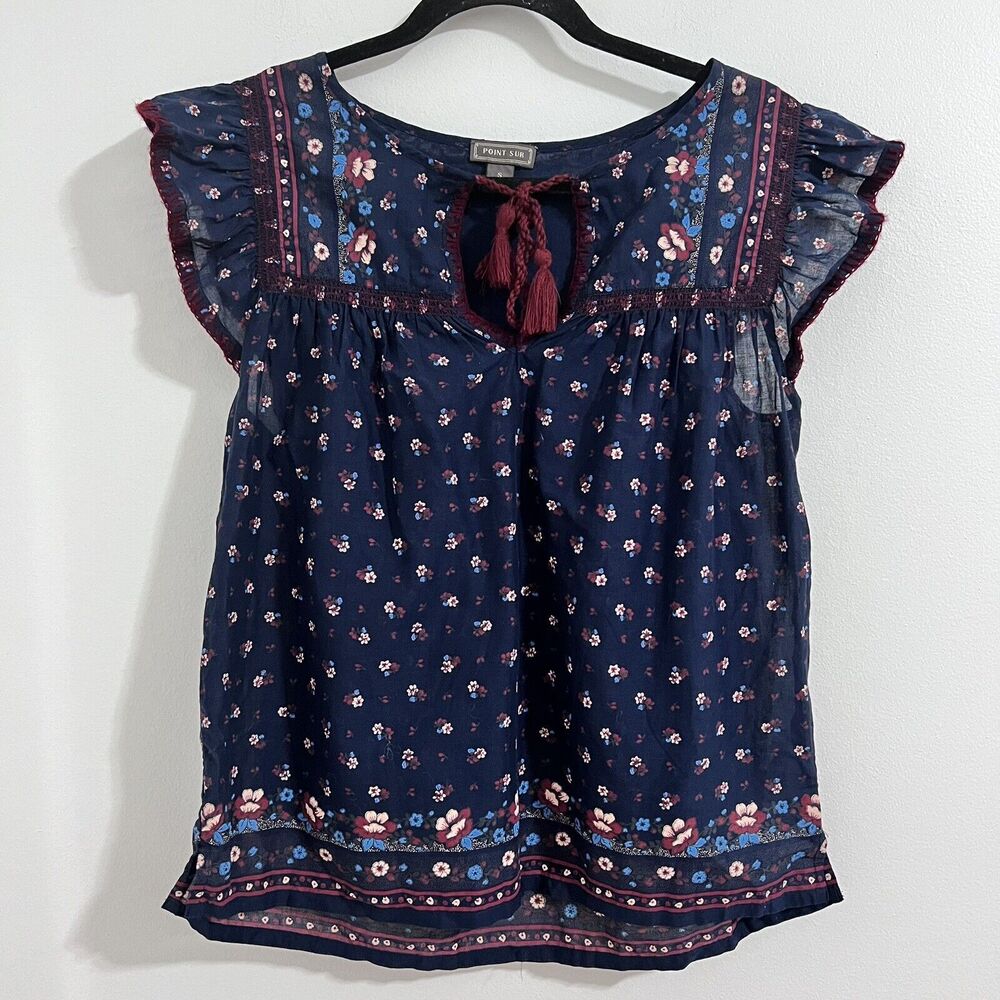 J. Crew Point Sur Blue Peasant Blouse Size S Flutter Sleeve Floral Top Bohemian